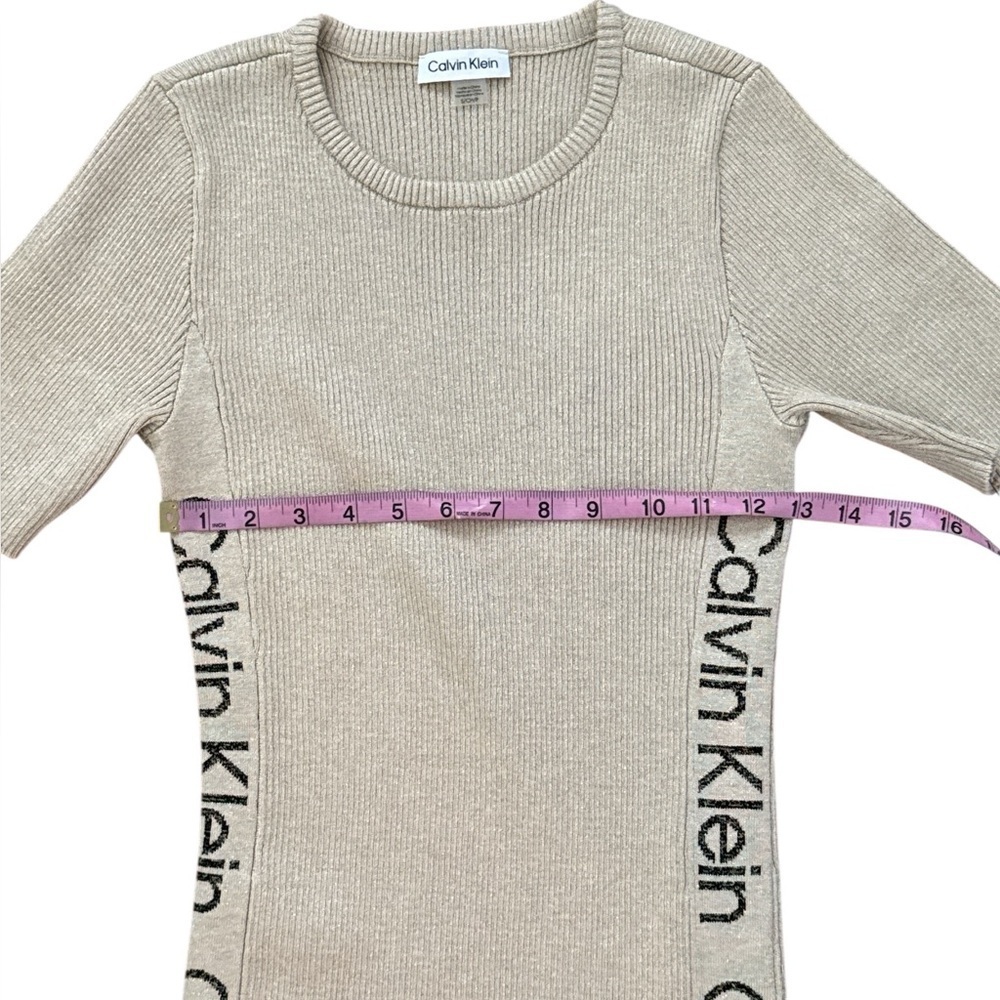 Calvin Klein Ribbed Knit Midi Dress Beige Logo Side Panels Bodycon Short Sleeve - Picture 5 of 10